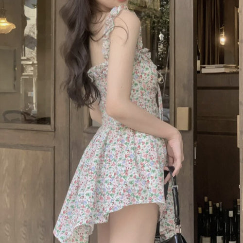 Sleeveless Summer Sling Robe Floral Spaghetti Strap Dress Ruffle Mini Beach Ladies Sundress Femme Vestido Mujer 2021 New Fashion