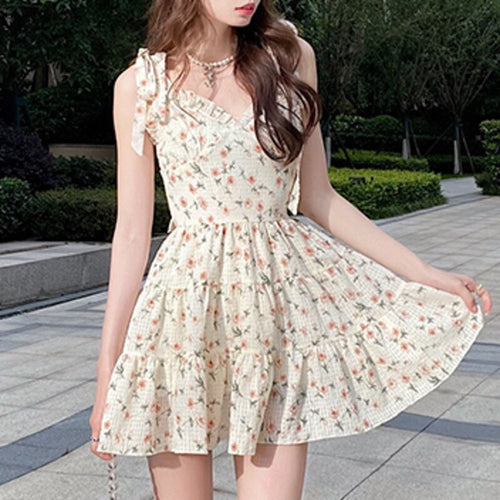 Sleeveless Sundress Backless Dresses Beach Vintage Party Sexy Print Floral Summer Boho Vestidos 2021 Women Bandage Clothes Robe