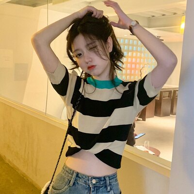 Slim-Fit Short Striped T-shirt Female Student Top T Tee Shirt Femme Women Kawaii Korean Clothes Streetwear 2021 Summer Fashion