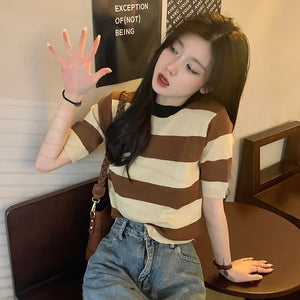 Slim-Fit Short Striped T-shirt Female Student Top T Tee Shirt Femme Women Kawaii Korean Clothes Streetwear 2021 Summer Fashion