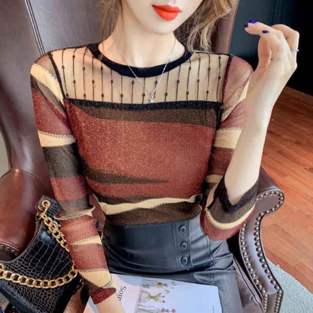 Slim Lace Bottoming O-neck Shirt For Women Splicing Pullover Blouse Shiny Long-sleeved T-shirt All-match Blouse Spring Autumn