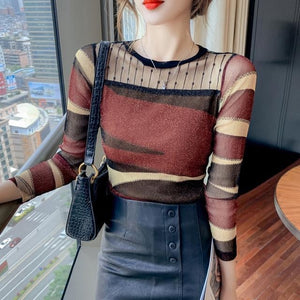 Slim Lace Bottoming O-neck Shirt For Women Splicing Pullover Blouse Shiny Long-sleeved T-shirt All-match Blouse Spring Autumn