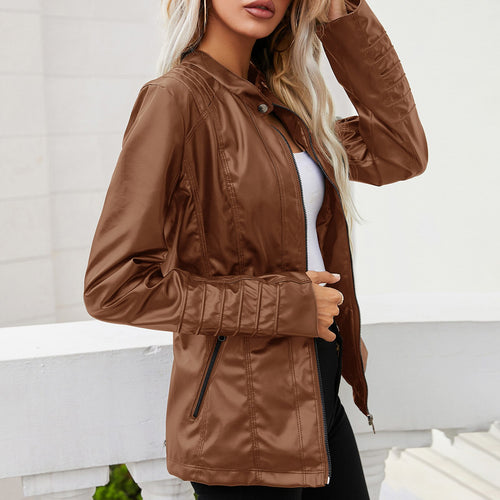 Slim Motorcycle Jacket Long Sleeve Casual Coat Warm Short Bike Coat Zipper Faux Leather Jacket Female Loose Women Fashion 2021