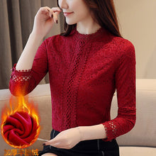 Load image into Gallery viewer, Slim Stand-Up Collar Hollow Out Lace Blouses Bottoming Velvet Shirt Autumn Winter Women Clothing Fashion Elegant Warm Top blusas