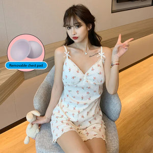 Sling Sleepwear  Women&#39;S Summer Thin Two-Piece Suit With Chest Pads Pyjama Pour Femme Small Fresh Lingerie Set Emerald Flowers