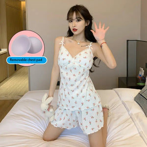 Sling Sleepwear  Women&#39;S Summer Thin Two-Piece Suit With Chest Pads Pyjama Pour Femme Small Fresh Lingerie Set Emerald Flowers