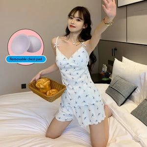 Sling Sleepwear  Women&#39;S Summer Thin Two-Piece Suit With Chest Pads Pyjama Pour Femme Small Fresh Lingerie Set Emerald Flowers