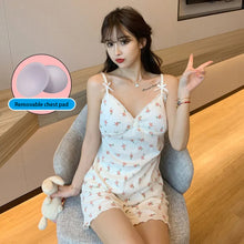 Load image into Gallery viewer, Sling Sleepwear  Women&#39;S Summer Thin Two-Piece Suit With Chest Pads Pyjama Pour Femme Small Fresh Lingerie Set Emerald Flowers