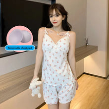 Load image into Gallery viewer, Sling Sleepwear  Women&#39;S Summer Thin Two-Piece Suit With Chest Pads Pyjama Pour Femme Small Fresh Lingerie Set Emerald Flowers