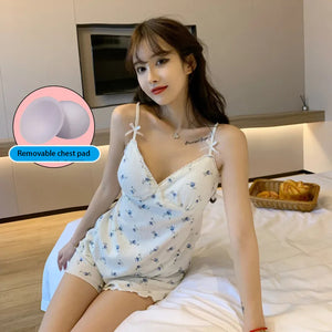 Sling Sleepwear  Women&#39;S Summer Thin Two-Piece Suit With Chest Pads Pyjama Pour Femme Small Fresh Lingerie Set Emerald Flowers