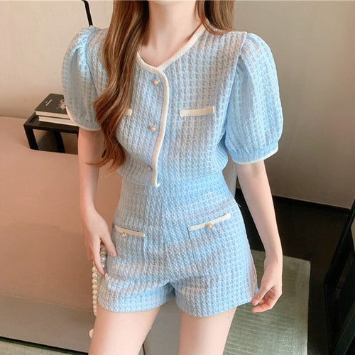 Small Fragrance Korean Sweet Two Piece Set Women Crop Top Puff Sleeve Shirt Blouse + Shorts Set Casual 2 Piece Pants Suits