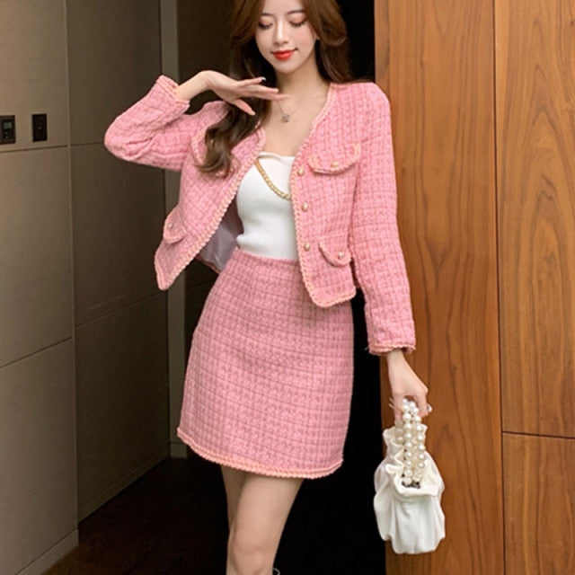 Small Fragrance Skirt Suits 2021 New Fall Winter Korean Fashion Sweet Tweed Two Piece Set Women Short Jacket Coat + Skirts Sets