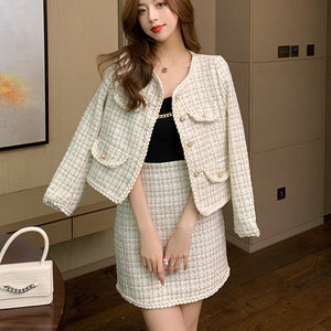 Small Fragrance Skirt Suits 2021 New Fall Winter Korean Fashion Sweet Tweed Two Piece Set Women Short Jacket Coat + Skirts Sets