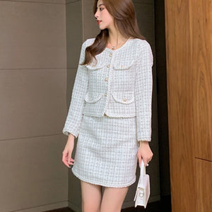 Small Fragrance Skirt Suits 2021 New Fall Winter Korean Fashion Sweet Tweed Two Piece Set Women Short Jacket Coat + Skirts Sets