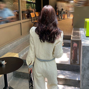 Small Fragrance Wind Fashion Women&#39;s Suit Spring Autumn High-end Ladies Casual O-neck Short Tops Wide Leg Pants Cute 2-piece Set