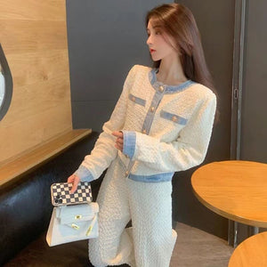 Small Fragrance Wind Fashion Women&#39;s Suit Spring Autumn High-end Ladies Casual O-neck Short Tops Wide Leg Pants Cute 2-piece Set