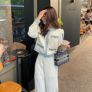 Small Fragrance Wind Fashion Women&#39;s Suit Spring Autumn High-end Ladies Casual O-neck Short Tops Wide Leg Pants Cute 2-piece Set