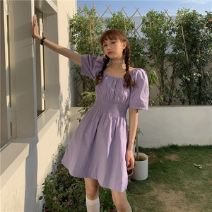 Small Purple Square Collar Puff Sleeve Waist-Tight Slim Fit Sweet Dress French First Love Fairy Lady Super Fairy Mori Style