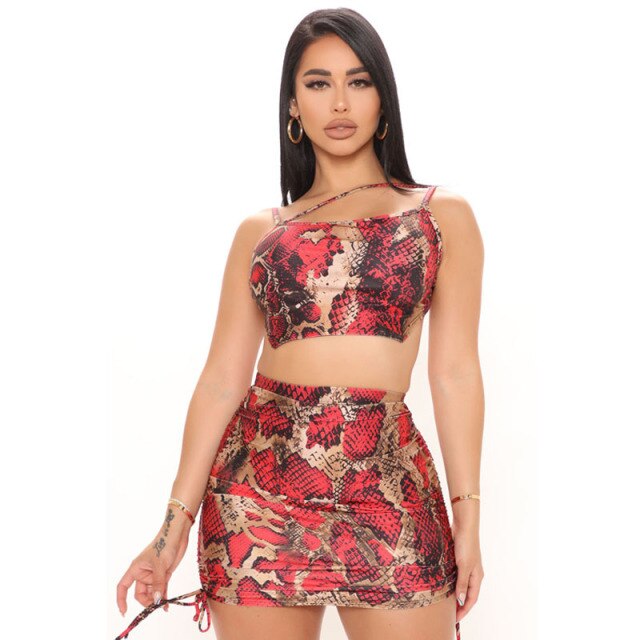 Snake Skin Printed Evening Party Two Piece Holiday Outfits Women Skirts Sets Clothes 2021 Sweet Girl Tank Top Sexy Summer Dress
