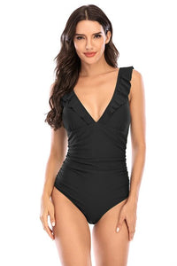Solid Black Ruffled One-piece Swimsuit Women Sexy Lace Up Monokini Swimwear 2022 New Girl Beach Bathing Suits
