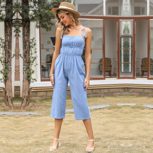 Solid Color Tassel Strap Pleated Rompers Summer Women Casual High Waist Pocket Straight Ladies Streetwear Sling Jumpsuits