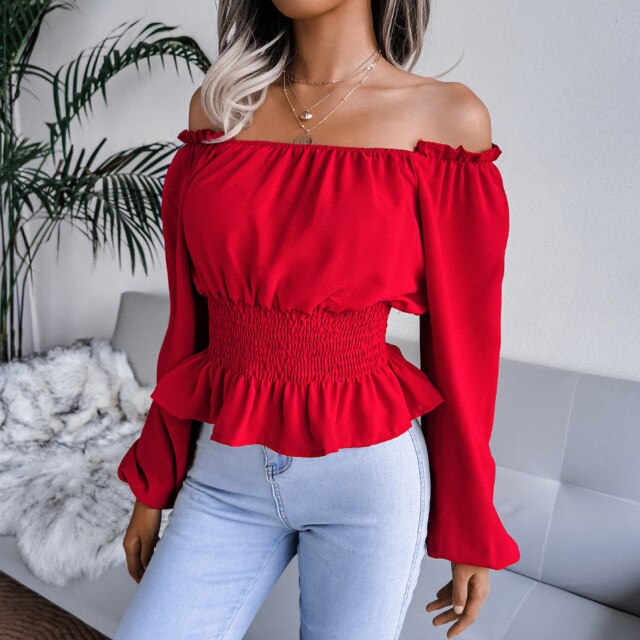 Solid Color Tops Fashion Women Ladies Long Sleeve Off Shoulder Sexy Shirt 2021 New Chiffon Blouses Female T-shirt Ladies Office