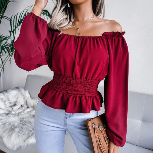 Solid Color Tops Fashion Women Ladies Long Sleeve Off Shoulder Sexy Shirt 2021 New Chiffon Blouses Female T-shirt Ladies Office