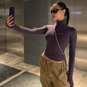 Solid Color Y2k Casual T Shirt Women Tops Sexy Grey Simple Style Party Club 2023 Spring Summer Long Sleeves Turtleneck Crop pur2