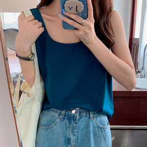 Solid Sleeveless Women Tanks Top Female Vest Tshirt Candy Square Collar Loose Casual 2021 Summer Fashion All-match Ladies Tops