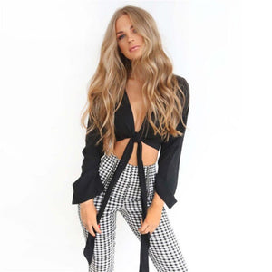 Solid Slim Bow Tie Front Short Beach Wear Women V- Neck Long Flare Sleeve Short Blouses Crop Tops