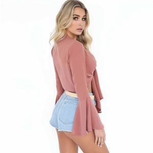 Solid Slim Bow Tie Front Short Beach Wear Women V- Neck Long Flare Sleeve Short Blouses Crop Tops