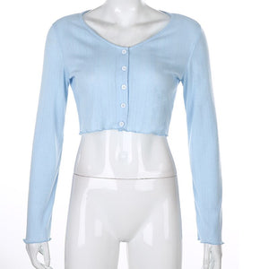 Solid Thin Hollow Out Knit Shirt Women Crop Top Single Breasted Long Sleeve Knitted Cardigan Women's Shirts Summer Simple Korean