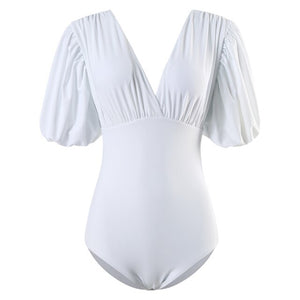 Solid Trikini Monokini Sexy Puff Sleeve Swimwear Deep V-neck Beach Bathing Suit Push Up Padded Swimsuit Lady One Piece Swimwear