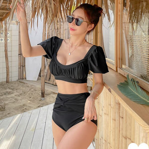 Solid Two Piece Swimsuit Pleated Beachwear High Waist Bikini Set Push Up Padded Swimwear Summer Swim Biquinis Women 2021