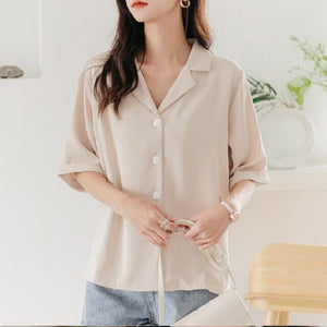 Solid White Chiffon Women Shirt Sweet Turn Down Collar Half Sleeve Shirt For Girls Summer Loose Casual Korean Fashion New Tops