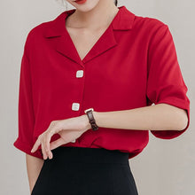 Load image into Gallery viewer, Solid White Chiffon Women Shirt Sweet Turn Down Collar Half Sleeve Shirt For Girls Summer Loose Casual Korean Fashion New Tops