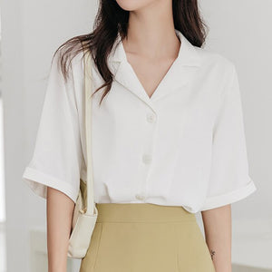 Solid White Chiffon Women Shirt Sweet Turn Down Collar Half Sleeve Shirt For Girls Summer Loose Casual Korean Fashion New Tops