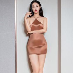 Spaghetti Strap Backless Transparent Oil Glossy Dress Sexy Mini Erotic Sex Clubwear Bandage Dresses Sheer High Elastic Costume