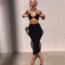 Load image into Gallery viewer, Spaghetti Strap Summer Elastic Waist Scanf Collar Women Skirt Set Slim Solid Sexy Long Strapless Patchwork Backless Skirt Suit