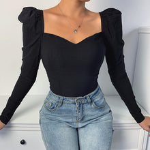 Load image into Gallery viewer, Special Offer Hot Sale Korean2019 autumn solid color vintage new women shirts puff sleeve square sexy small V-neck Slim blouse