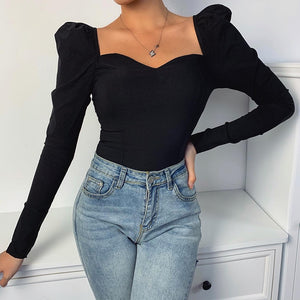 Special Offer Hot Sale Korean2019 autumn solid color vintage new women shirts puff sleeve square sexy small V-neck Slim blouse