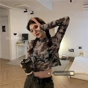 Spice Girls' T-shirt Short Tie Dyed Top Women's 2021 Summer New Style With Thin Base Shirt Mesh Sunscreen Long Sleeve T-shirt