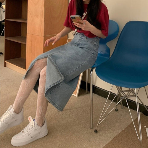 Split Denim Skirt Women's Summer Korean-Style High Waist Slimming Cover Retro Hong Kong Style Small Mid-Length A- line Skirt