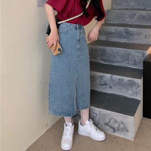 Split Denim Skirt Women's Summer Korean-Style High Waist Slimming Cover Retro Hong Kong Style Small Mid-Length A- line Skirt