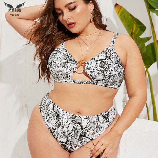 Split Large Size Swimwear Snakeskin Printing Sexy Gathering 2 Piece Set Women  Plus Size Swimwear