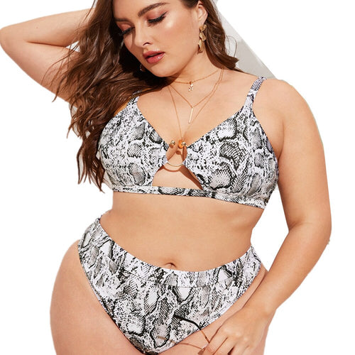 Split Large Size Swimwear Snakeskin Printing Sexy Gathering 2 Piece Set Women  Plus Size Swimwear