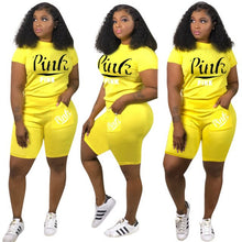 Load image into Gallery viewer, Sports Style Two Piece Women's Clothing Fashion Round Neck Short Sleeve Personalized Pocket Letter Printing Loose Casual Suit