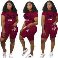 Load image into Gallery viewer, Sports Style Two Piece Women's Clothing Fashion Round Neck Short Sleeve Personalized Pocket Letter Printing Loose Casual Suit