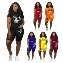 Load image into Gallery viewer, Sports Style Two Piece Women's Clothing Fashion Round Neck Short Sleeve Personalized Pocket Letter Printing Loose Casual Suit