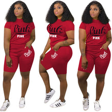 Load image into Gallery viewer, Sports Style Two Piece Women's Clothing Fashion Round Neck Short Sleeve Personalized Pocket Letter Printing Loose Casual Suit